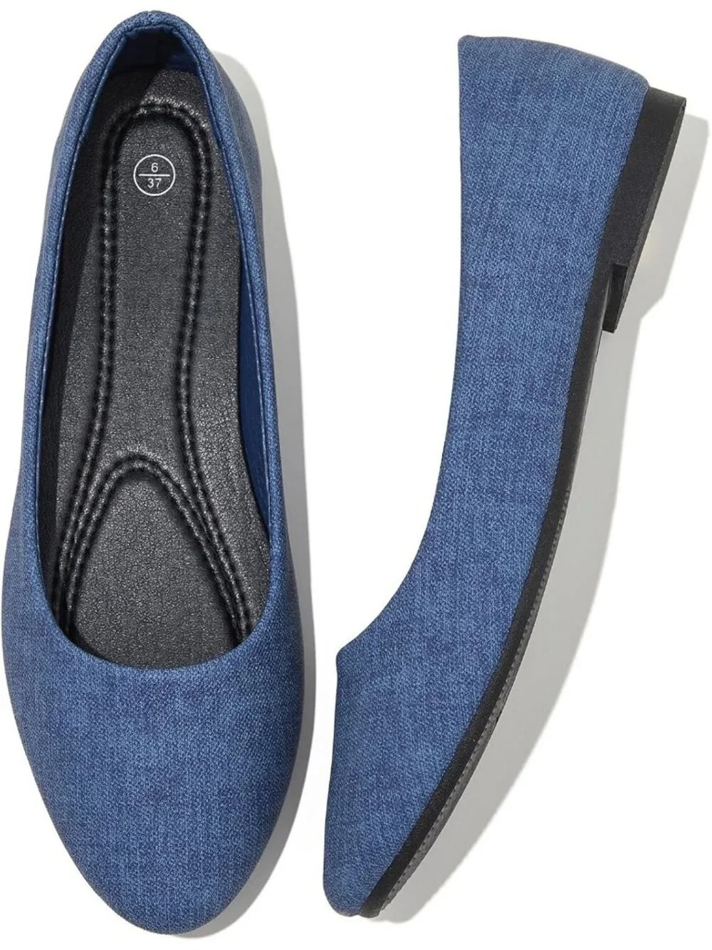 Women's Blue Denim PU Leather Comfortable Ballet Flats Slip on Round Toe Shoes